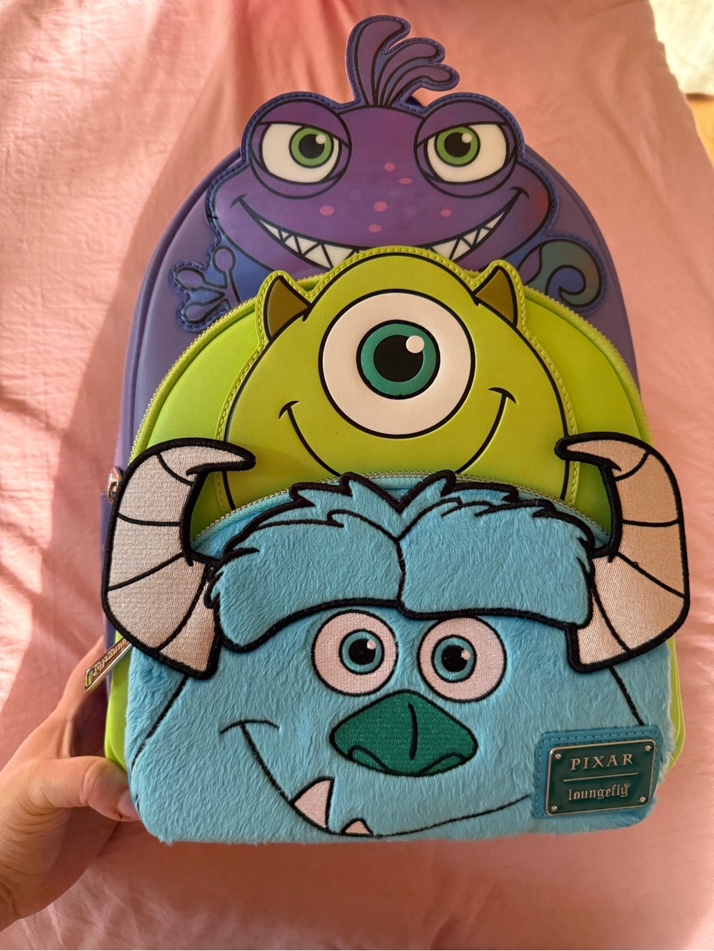 Loungefly Pixar’s Monsters Inc Triple Zipper backpack w/ Mike, Sulley, & Randall
